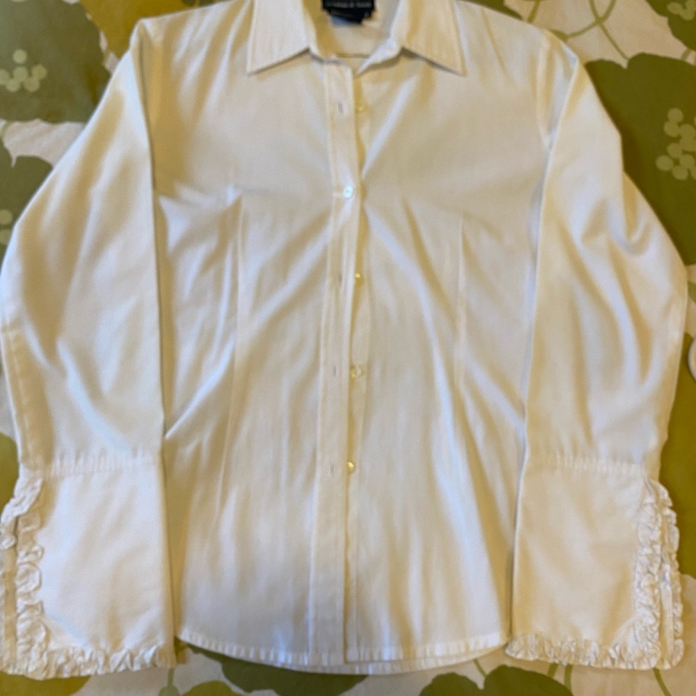 White Button-Down Blouse with Ruffle Cuff - image 1